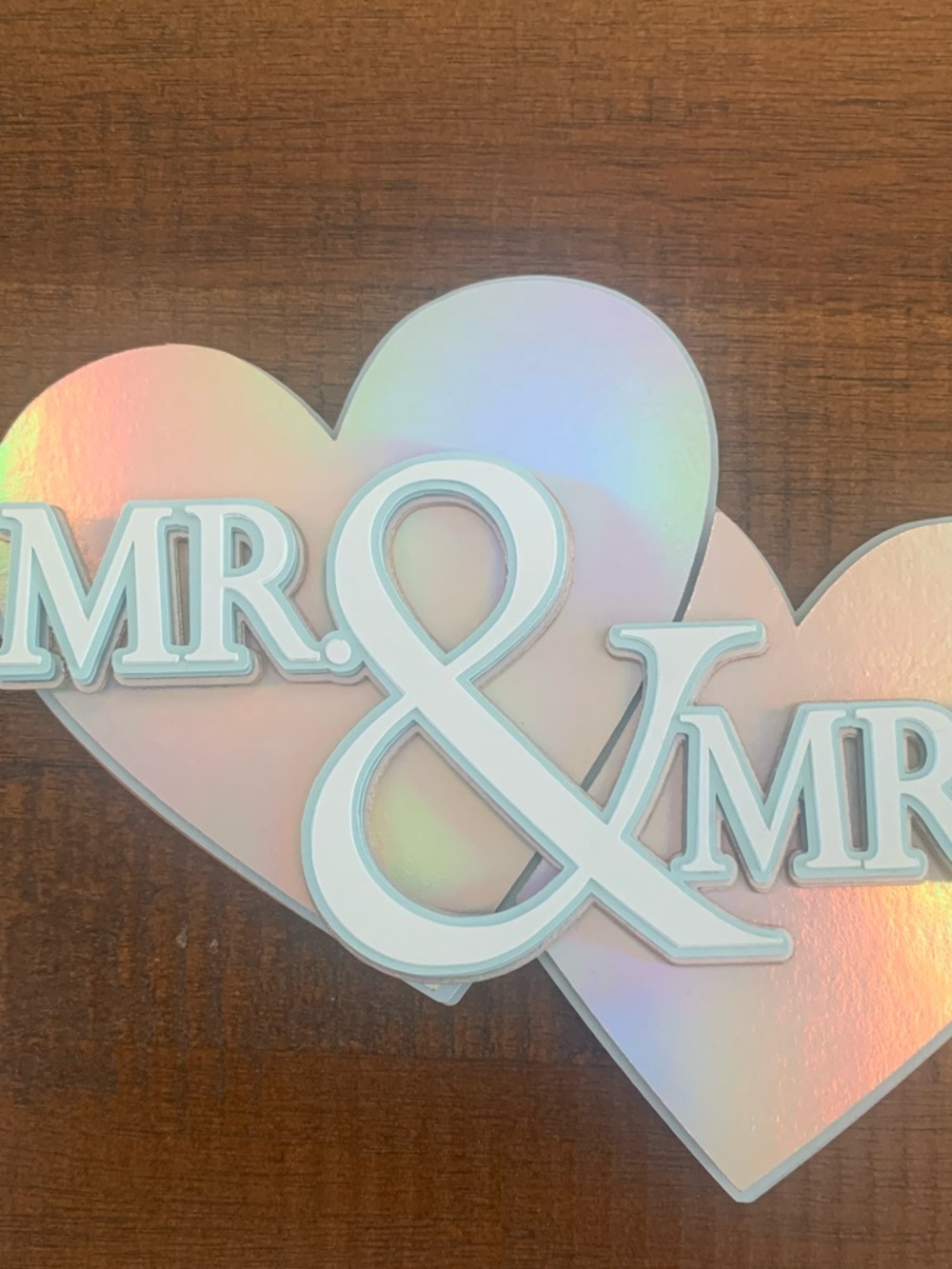 MR. & MRS. Iridescent Heart Cake Topper - Light Blue White Silver